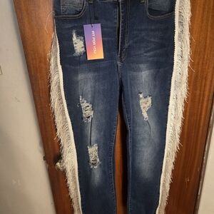 Stylish Blue Distressed Jeans with Fringe
